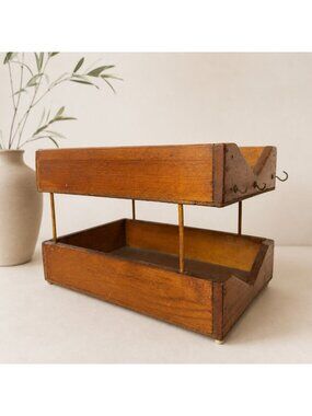 Vintage Wooden Two Tier Organizer Rustic Farmhouse Caddy Mail Holder Storage Box